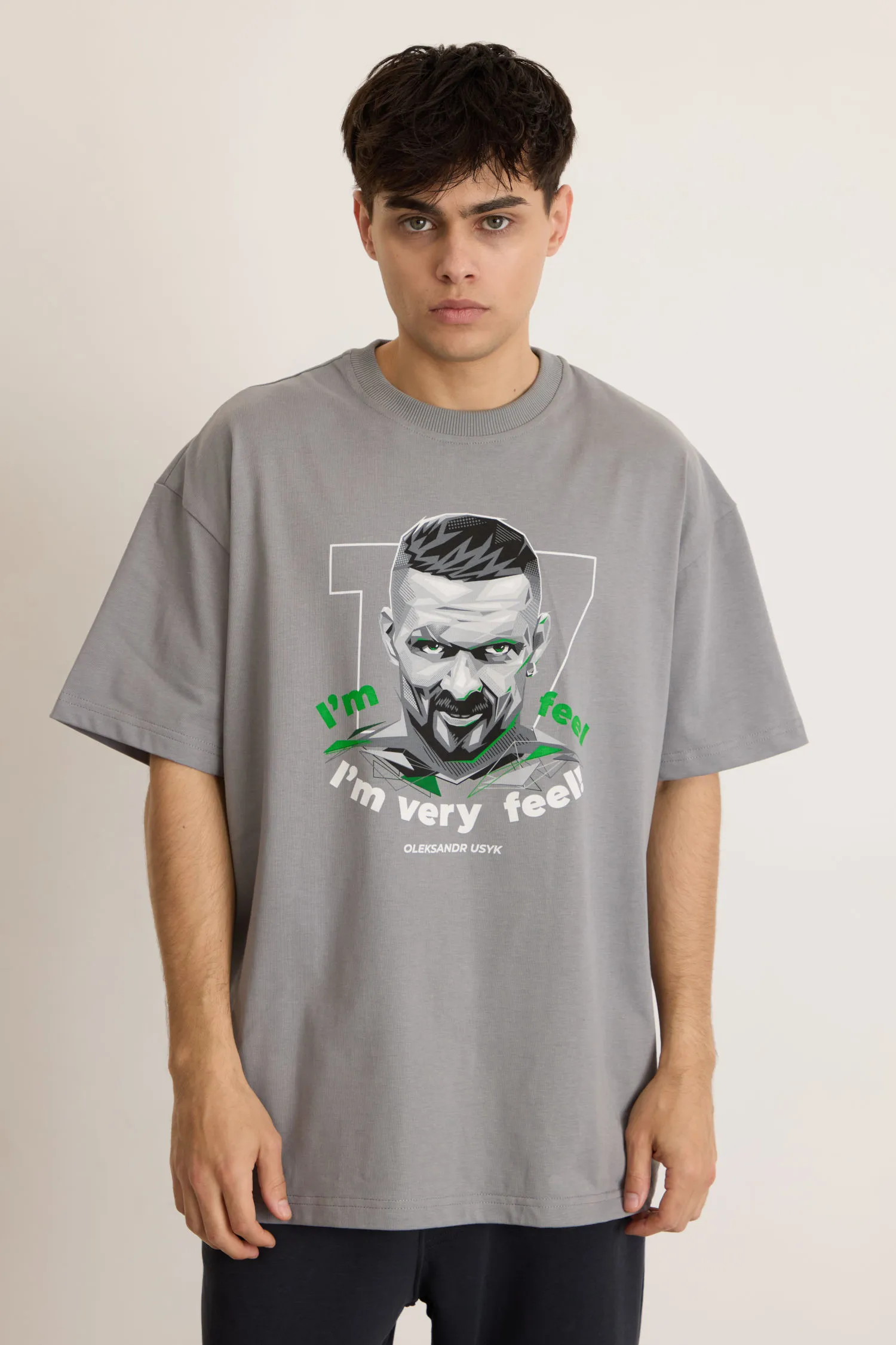Men’s T-Shirt – Usyk I’m Very Feel – Grey – 100% Cotton – 260 GSM – Ready To Fight (RTF)